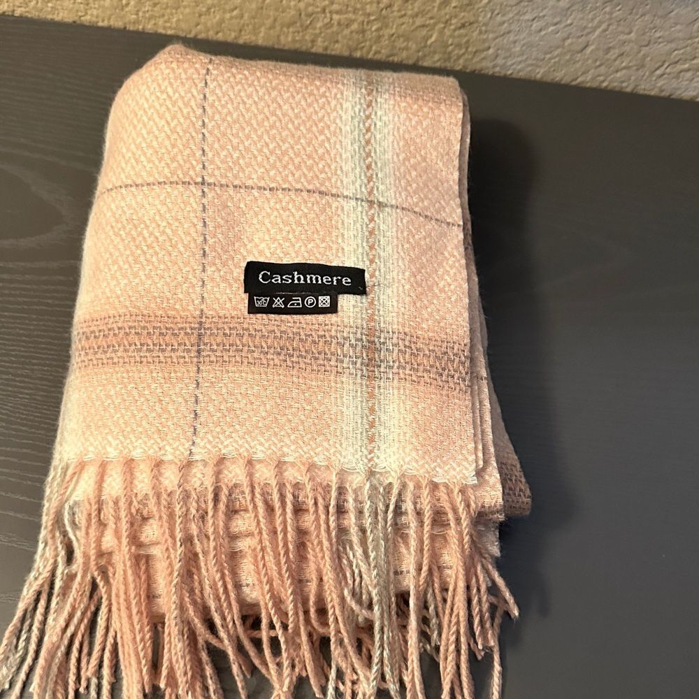 Cashmere Peach Cream Tan Subtle Plaid Scarf with Fringe Quiet Luxury Super Soft